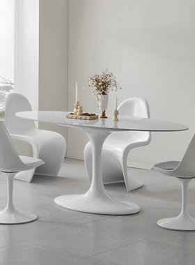 郁金设计师香餐桌北欧家用现代简约别墅大理石椭圆白色岩板餐桌椅