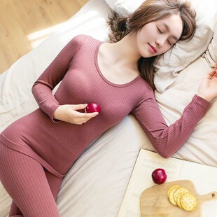 春秋螺纹恒温秋衣秋裤美体小熊保暖内衣女自发热套装紧身打底内穿