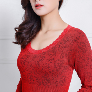 保暖毛衫纯棉修身打底内衣冬美体瘦身薄款蕾丝圆领女秋衣秋裤套装