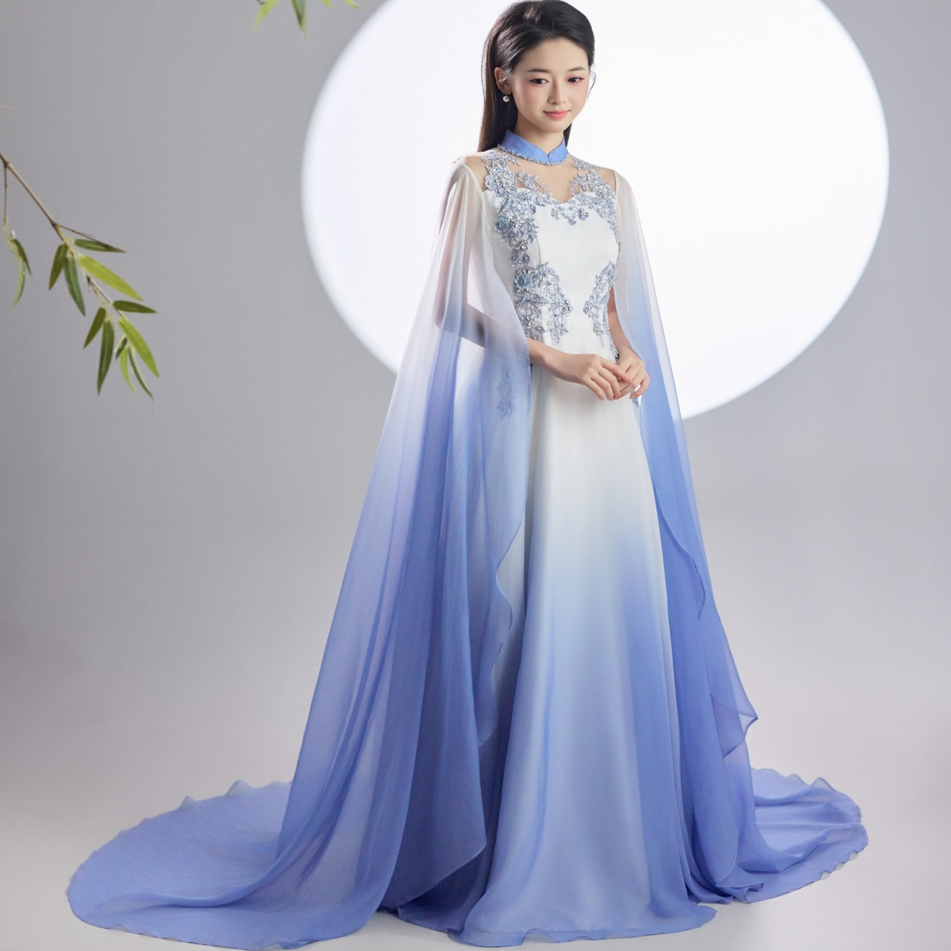 琴愫原创高端渐变色中国风成人古筝民乐艺考合唱中式水袖演出礼服