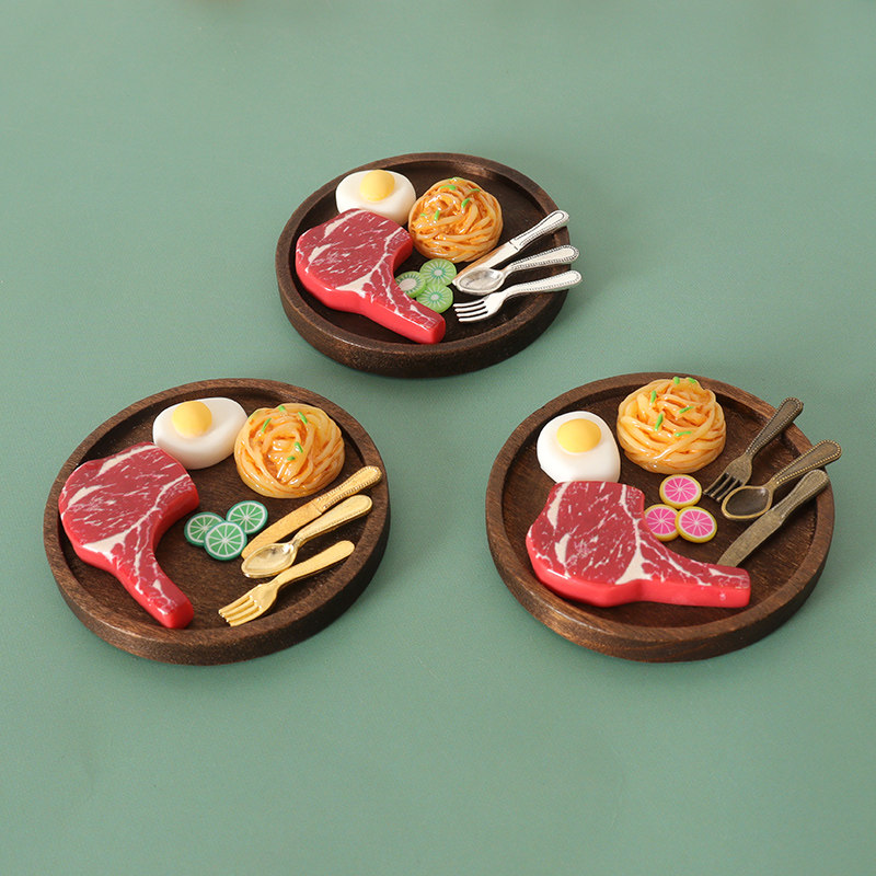 迷你战斧牛排微缩食玩仿真木托盘红酒杯西餐过家家场景模型小摆件