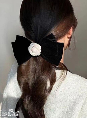 Black Ribbon Hairpin 小香风多层山茶花朵黑色丝绒蝴蝶结发夹