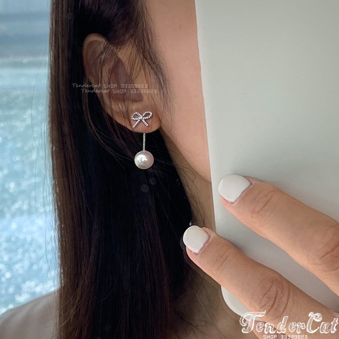 Cubic Ribbon Pearl earrings 甜美水钻蝴蝶结珍珠坠后挂式耳环