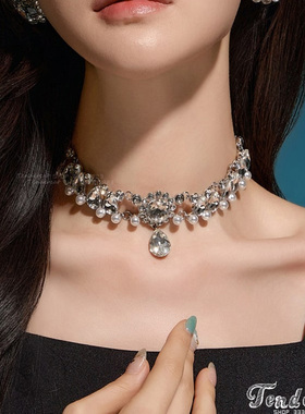 STAYC尹势银SEEUN 鞠婧祎同款水滴水晶水钻花朵珍珠Choker短项链
