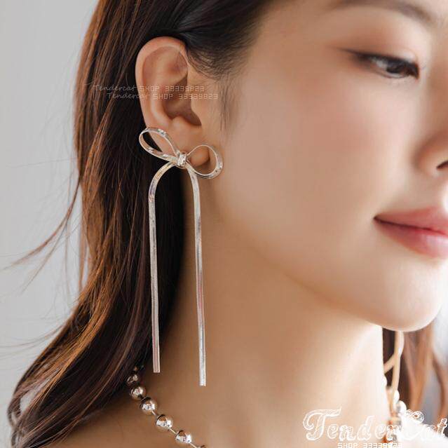 Long Ribbon Earrings 蛇骨链长飘带金属蝴蝶结925银针耳环