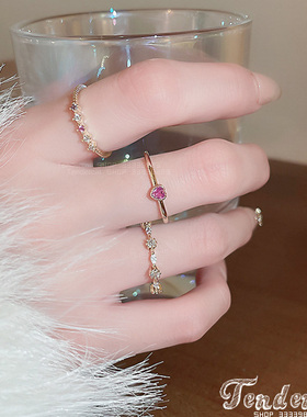 玫红色锆石戒指指环Ins