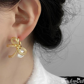 Pearl Cubic Bow Earrings优雅水钻满钻蝴蝶结珍珠坠插扣圆环耳环