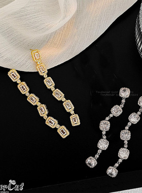 Square crystal Long Earrings INS风水钻环绕方形锆石串长款耳环