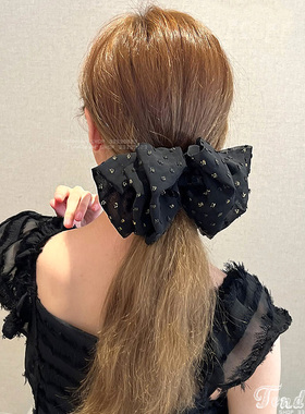 Gold Dot ribbon hairpin 金丝波点多层云朵黑色蝴蝶结弹簧夹发夹