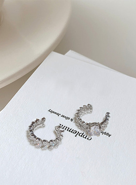 Cubic Leaf Earcuff 欧美风水钻树叶方形锆石二件套C形耳廓耳夹