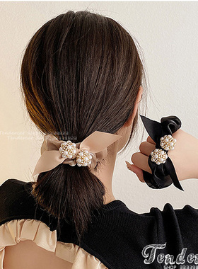 Shuling Pearl Gemstone Scrunchie珍珠水钻球蝴蝶结装饰小肠发圈