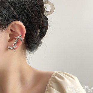 Cubic Bow Earcuffs 甜美珍珠装饰满钻蝴蝶结耳廓耳夹连体耳环