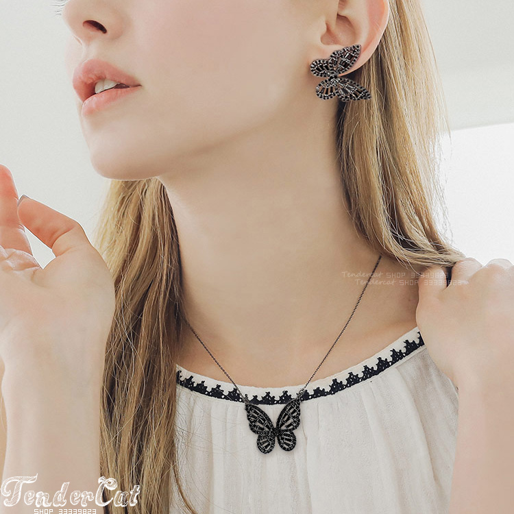 黑色锆石蝴蝶坠项链镂空水钻耳钉