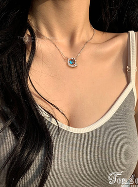 镶钻星星水钻月亮坠锁骨短项链