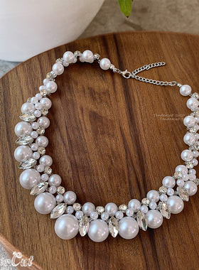 渐变大小珍珠水钻手工串珠项链