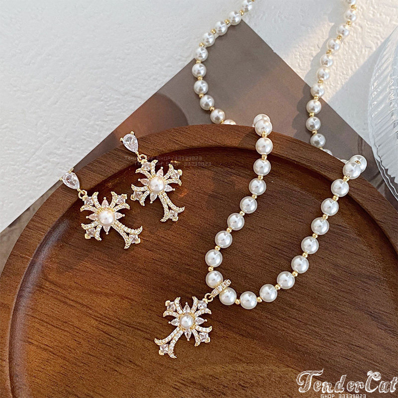 水钻十字架坠水滴耳环珍珠项链