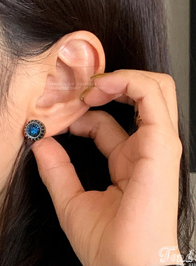 Blue Cubic Earrings气质墨蓝色锆石黑色水钻环绕耳钉925银针耳环