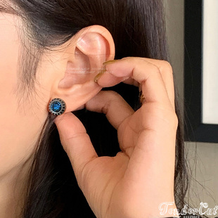 Blue Cubic Earrings气质墨蓝色锆石黑色水钻环绕耳钉925银针耳环