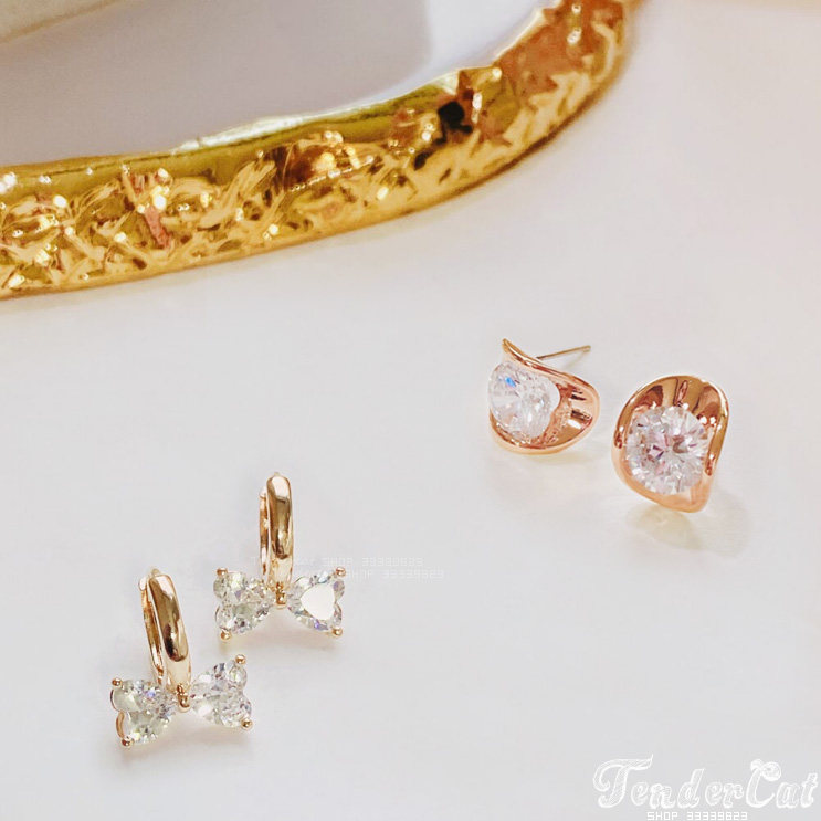 Mini Cubic Ribbon earrings 锆石曲面心形水钻蝴蝶结坠圆环耳环