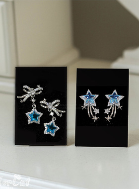 Blue Star Cubic Bow Earrings 水钻蝴蝶结蓝色锆石星星坠耳环