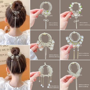 新中式新款女气质花朵丸子头发夹翅膀流苏马尾扣后脑勺盘发头饰