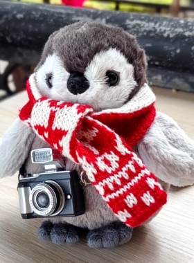 日本正版Sunlemon帝企鹅宝宝毛绒公仔围巾相机小记者可爱动物玩具