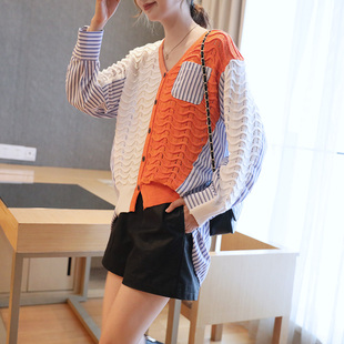 外套中长款 撞色针织毛衣拼接衬衫 秋冬洋气开衫 2021年新款 上衣 女装