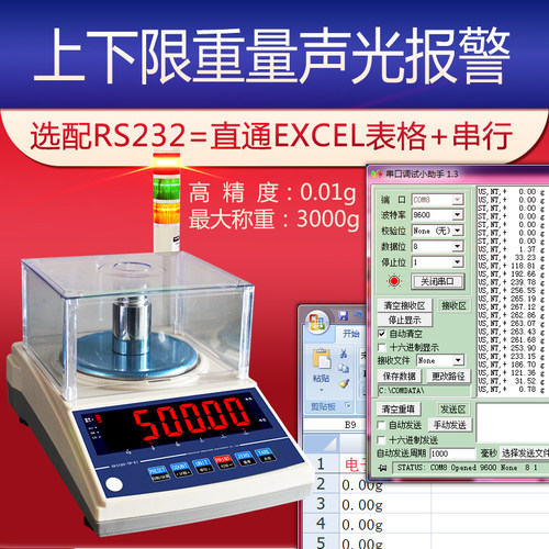 ERP电子天平秤对接电商系统RS232串口无线连接电脑通讯秤带报警灯