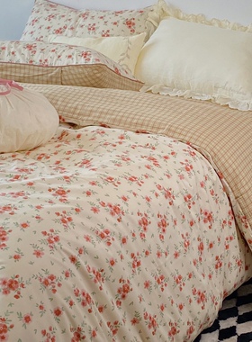 白色莫奈40支纯棉四件套床单被套AB版全棉田园植物花卉床上用品