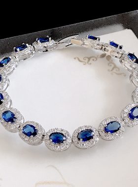 精致轻奢锆石手链高级超闪满钻蓝宝石水晶手饰欧美设计感加长大码