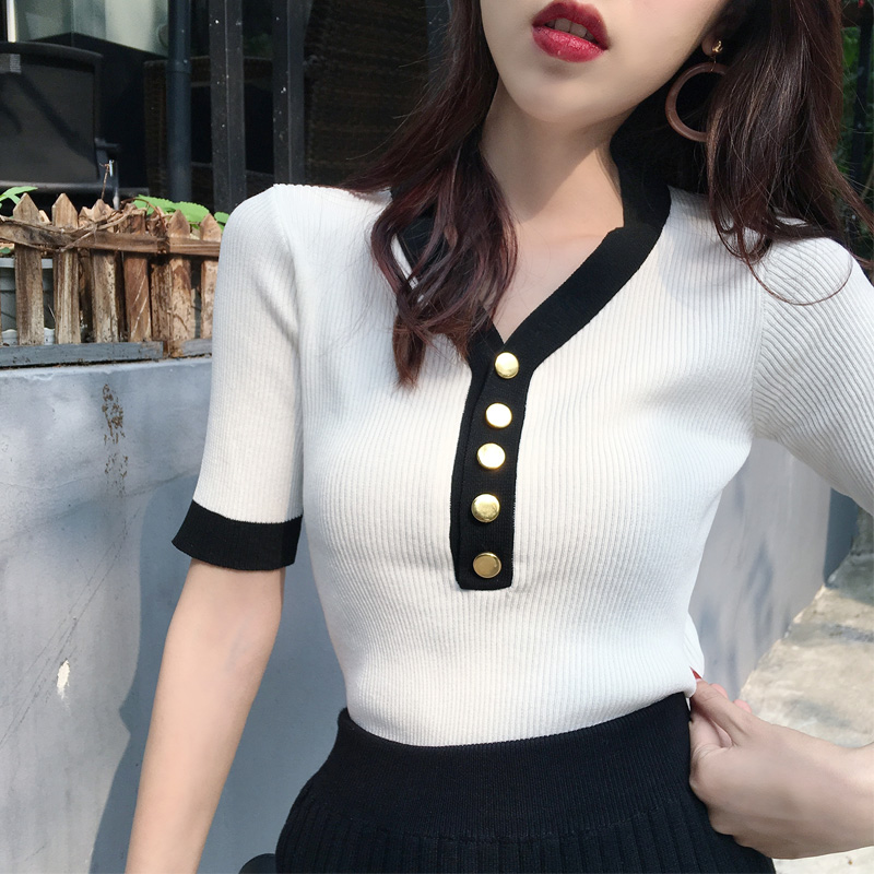 夏装2018新款女chic短袖套头针织衫气质显瘦V领纽扣装饰修身上衣