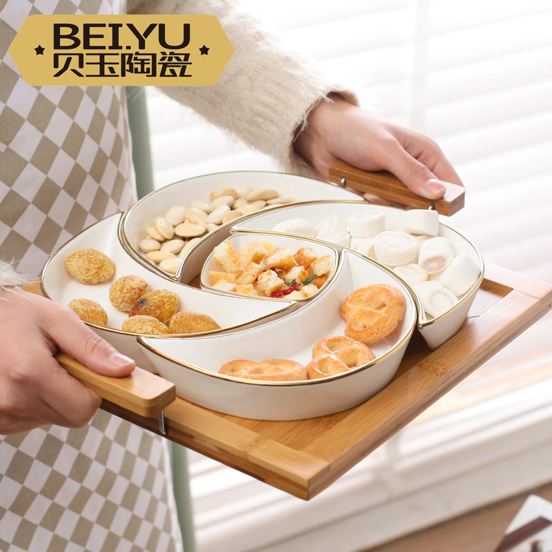 带盖水果盘分格陶瓷干果拼盘旋风方形零食点心瓜子坚果盒组合家用