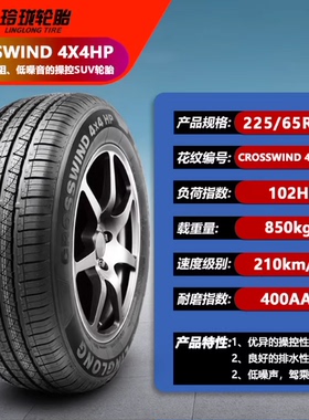 玲珑轮胎225/65R17 102H 4X4HP 配奇骏 CR-V 哈弗H6 CS75 2256517