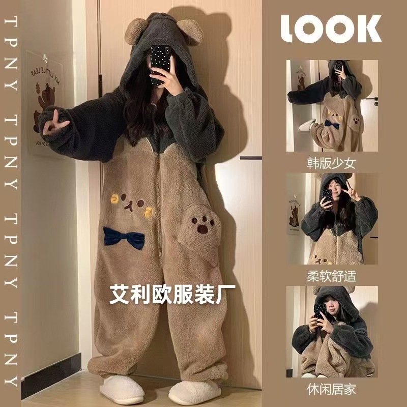 秋冬季背带熊睡衣加厚加绒珊瑚绒可爱连体睡衣少女卡通休闲家居服
