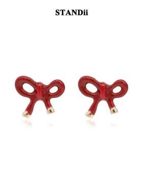 STANDii手作 红色蝴蝶结耳钉圣诞耳饰过年红耳环简约甜美