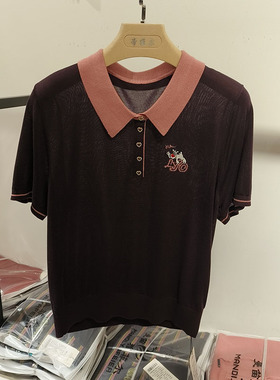 凉爽衣贵菲56519女装2025夏新款气质拼色天丝针织衫套头短袖上衣