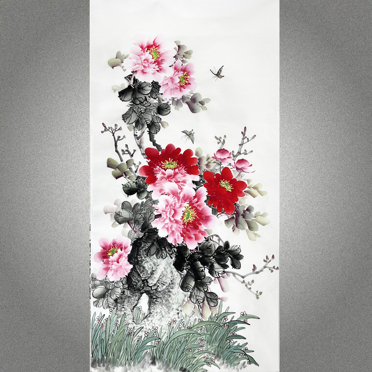 手绘真迹精品牡丹蝴蝶国画花鸟中堂字画四尺竖幅无落款牡丹画1850