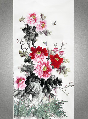 手绘真迹精品牡丹蝴蝶国画花鸟中堂字画四尺竖幅无落款牡丹画1850