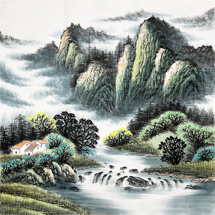 纯手绘国画四尺斗方无落款山水画青山绿水 源远流长办公室装饰画2