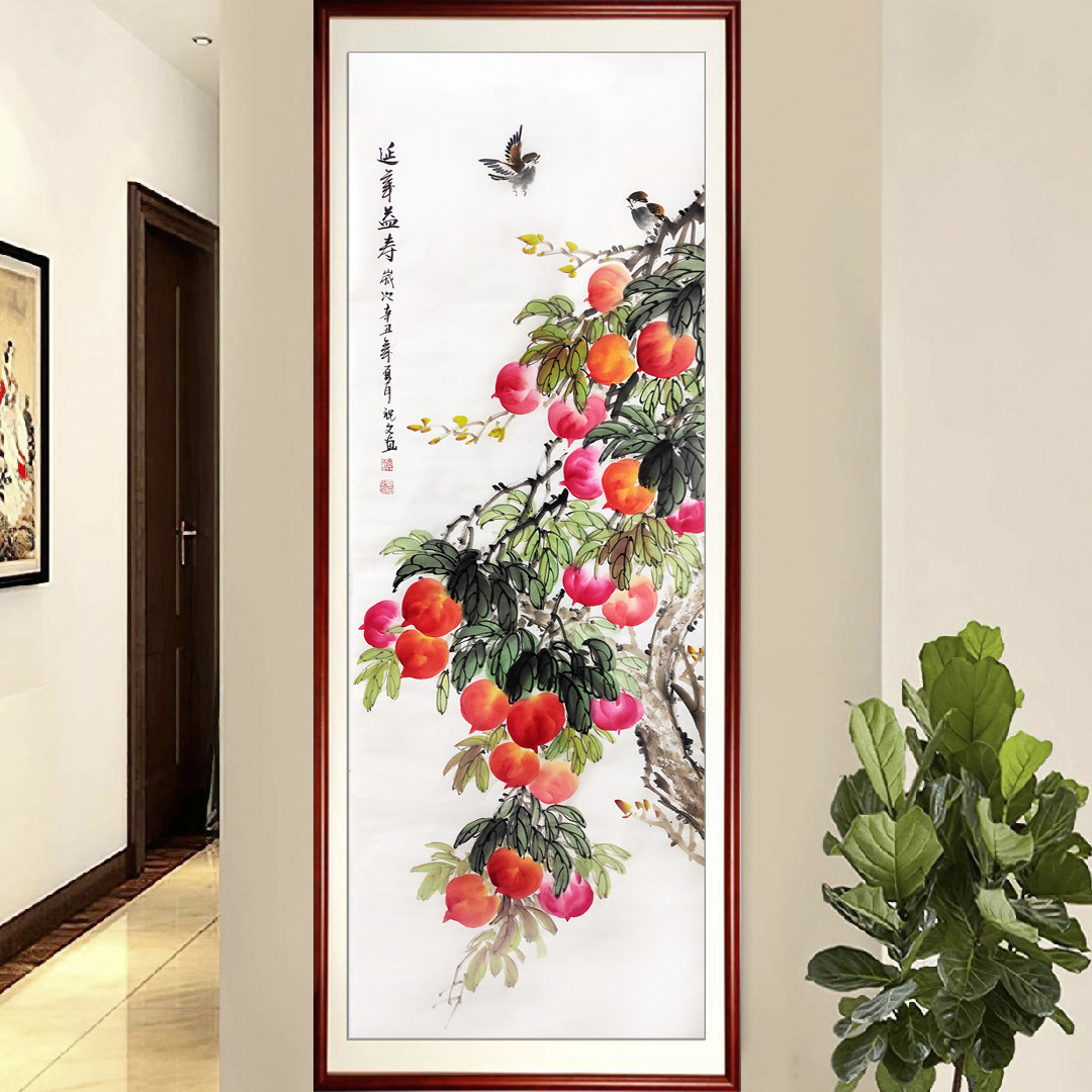 手绘国画花鸟画客厅字画定制小六尺竖幅桃子树寿桃延年益寿祝寿图