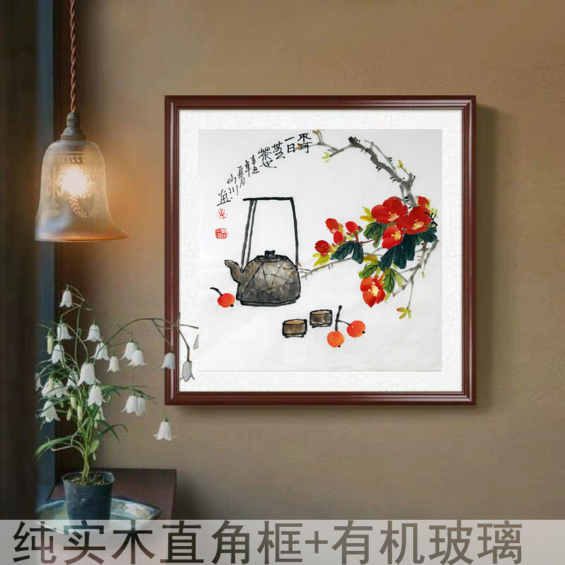 纯手绘国画花鸟斗方圆形圆心凌霄凌云图茶室玄关背景壁画装饰字画