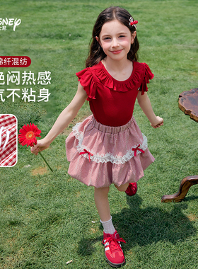 迪士尼女童红色套装2026夏季新款洋气儿童飞飞袖格子花苞裙两件套