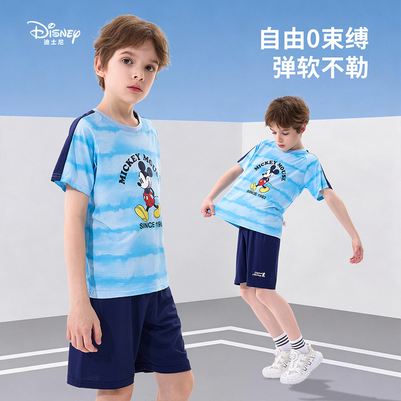 迪士尼童装米奇儿童运动套装2026夏季新款速干短袖男童短裤两件套
