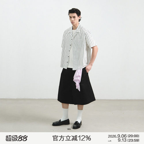 MANUFACTURE 古巴领条纹砂洗短袖衬衣