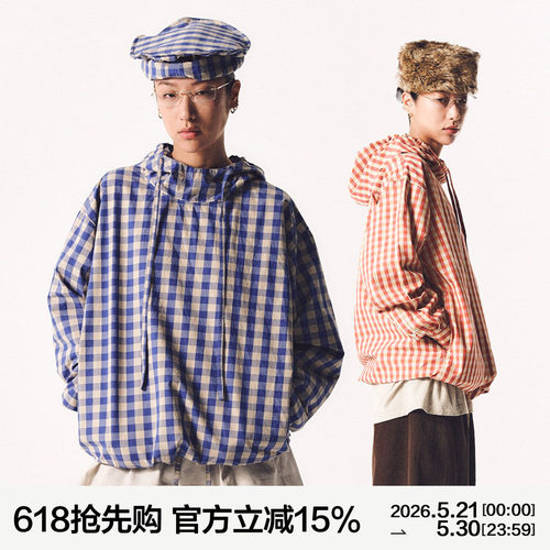 MANUFACTURE 格纹棉感立领连帽衬衫