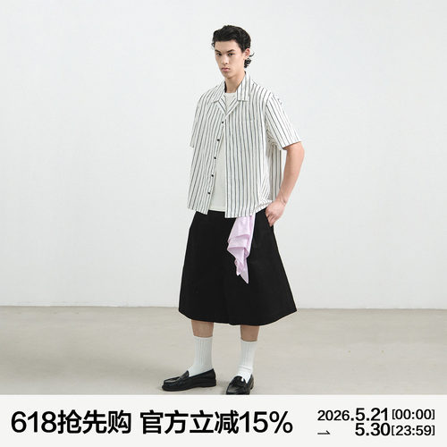 MANUFACTURE 古巴领条纹砂洗短袖衬衣