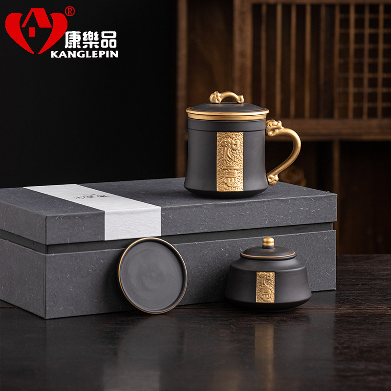 康乐品复古鎏金紫砂内胆过滤茶杯图片