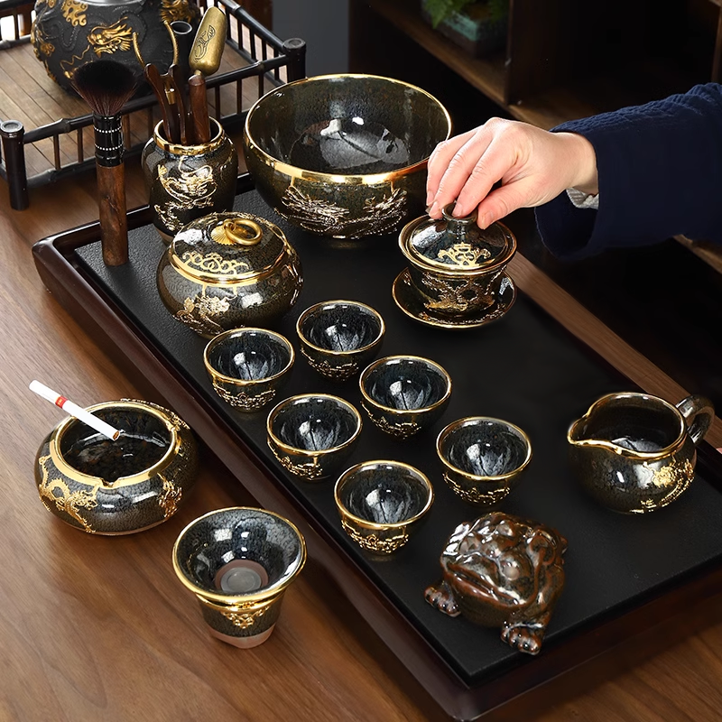 康乐品金镶玉整套茶具建盏景德镇茶具套装家用盖碗天目釉茶盘茶杯