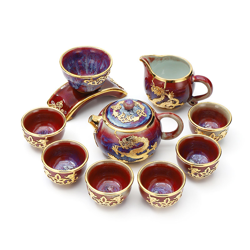 康乐品高档钧州窑茶具套装金镶玉整套泡茶器轻奢家用镶龙商务礼品