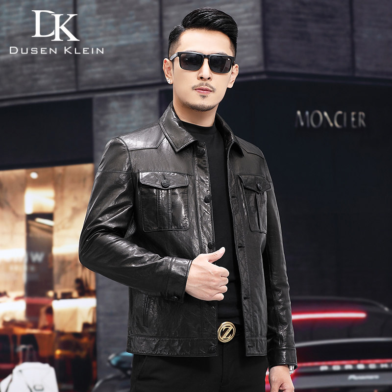 海宁油蜡翻领短款机车真皮皮衣